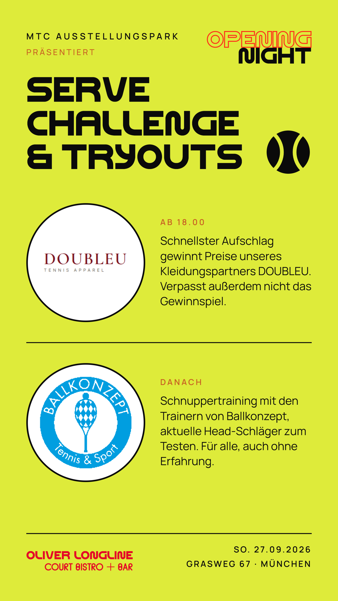 Plakat Serve Challenge & Tryouts: Aufschlag-Challenge mit DOUBLEU, danach Schnuppertraining mit Ballkonzept